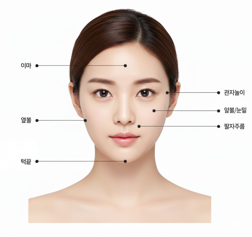 지방이식 부위 - 이마, 관자놀이, 앞볼/눈밑, 옆볼, 팔자주름, 턱끝